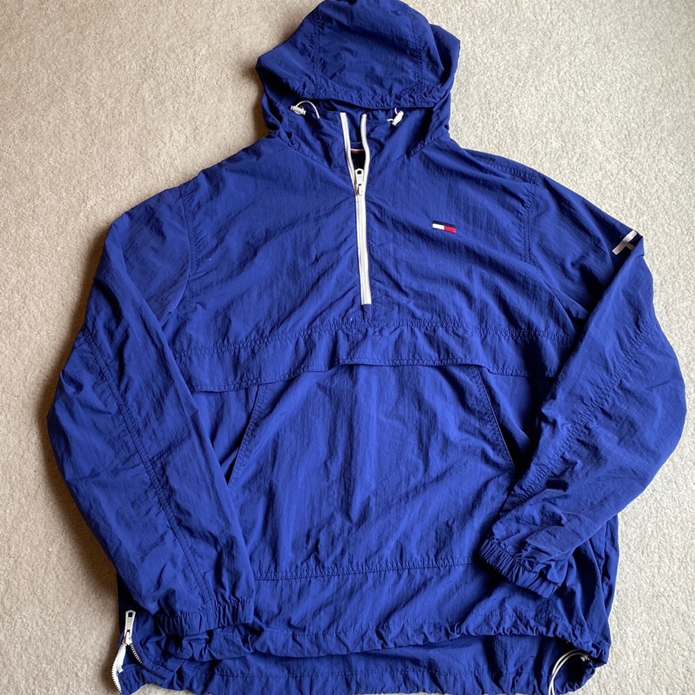 Mens Tommy Hilfiger blue hooded water resistant popover windbreaker jacket xxl